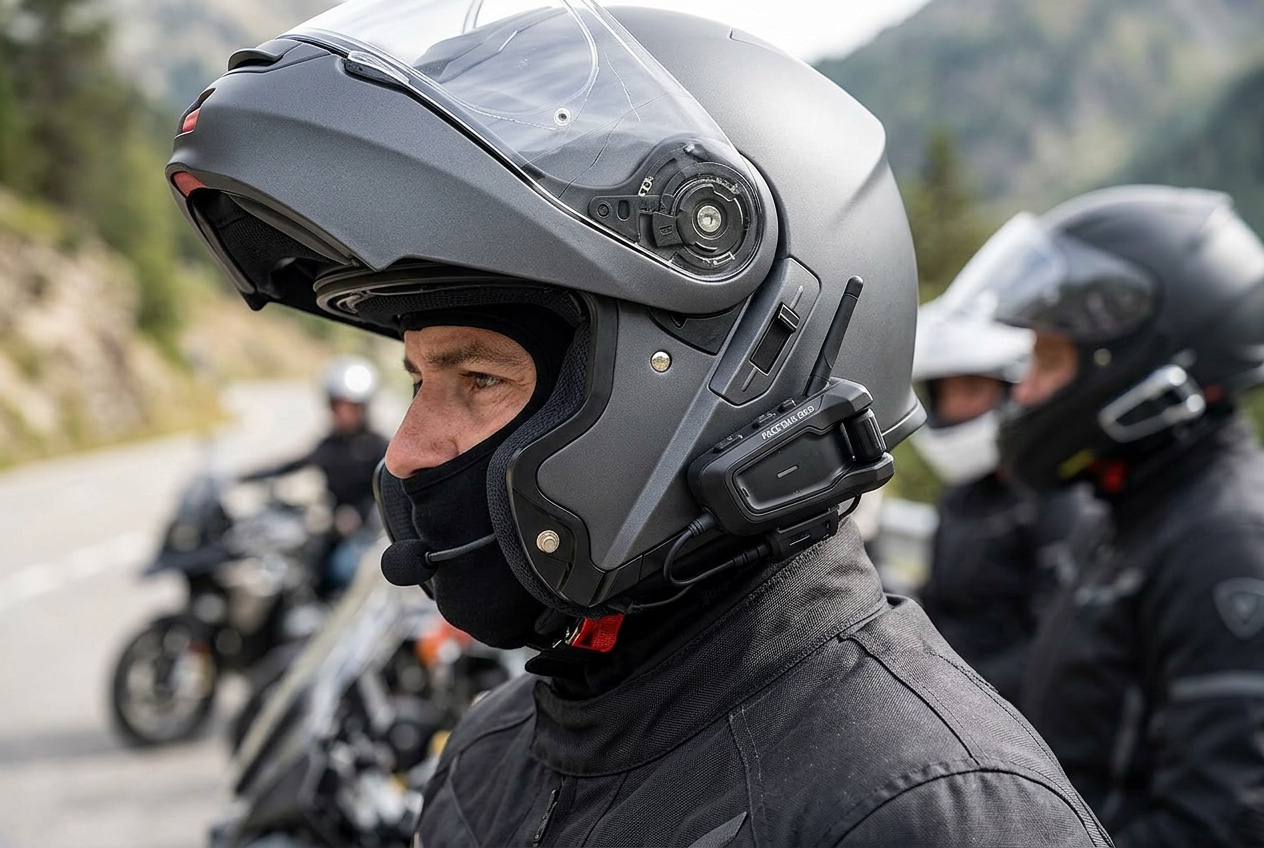 Motorcycle rider wearing a helmet with a Bluetooth communication system
