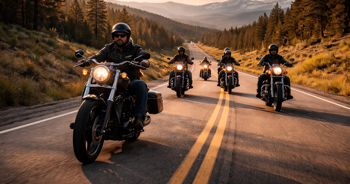 A group of motorcycle riders on an open road