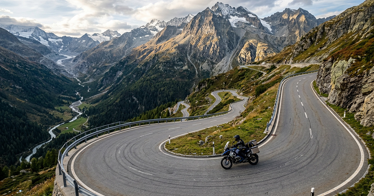 Motorcycle rider on a scenic coastal highway with ocean views