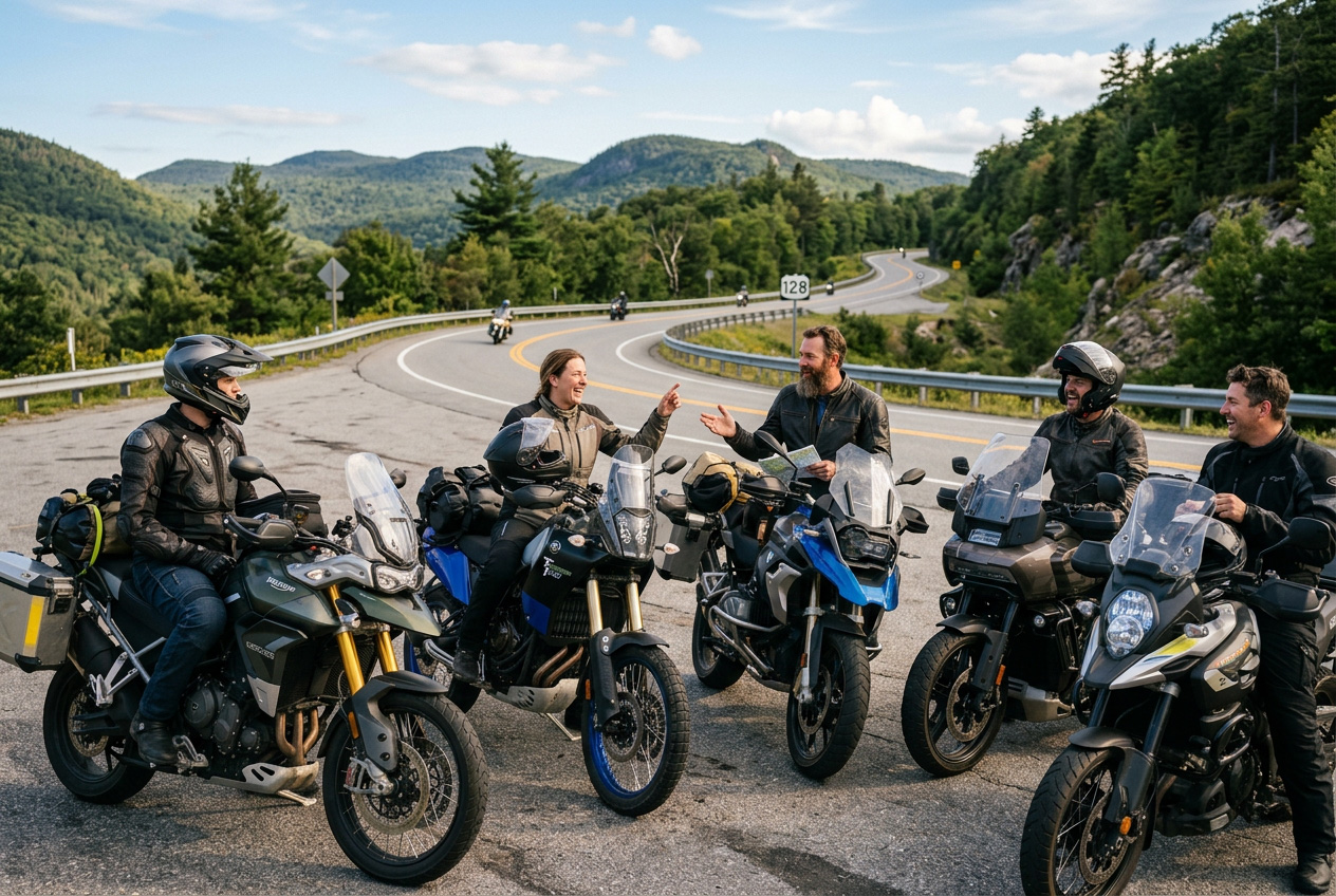 Group of motorcycle riders communicating on a road