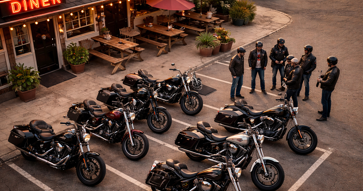 Motorcycles parked together at a group ride meetup