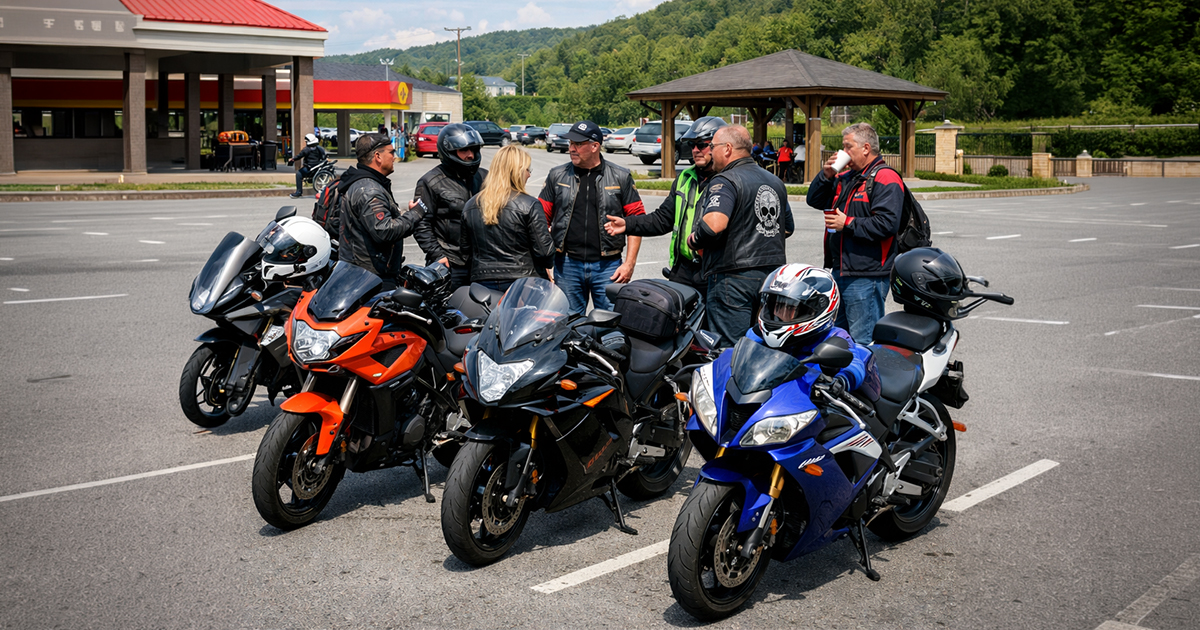 Motorcycle group regrouping at a rest stop during a ride