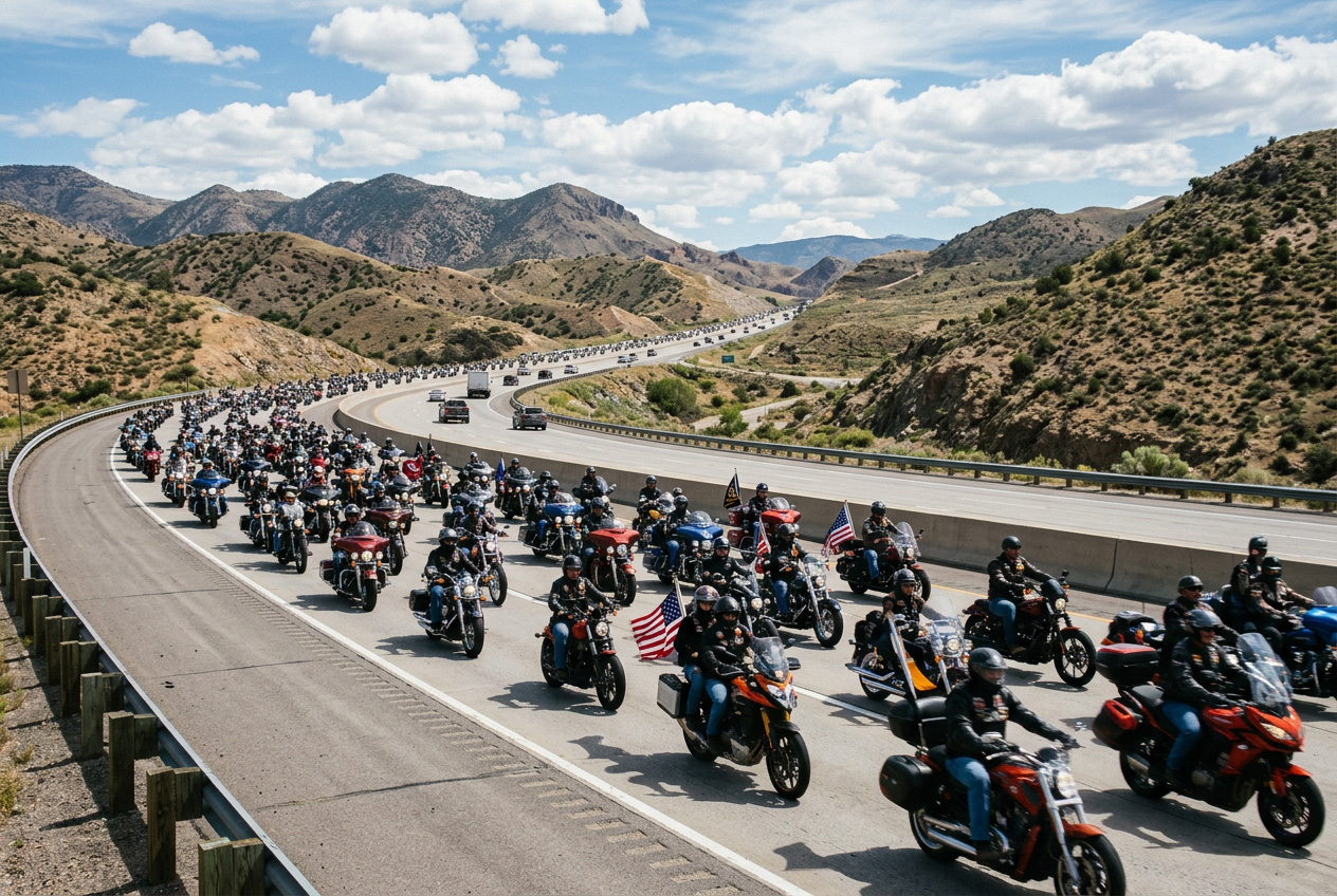 Large group of motorcycles riding together on a highway