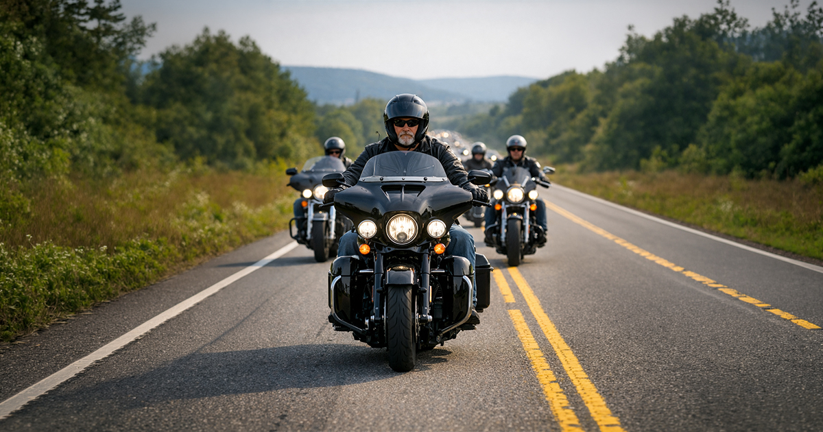 Motorcycle ride leader at the front of a group on a road