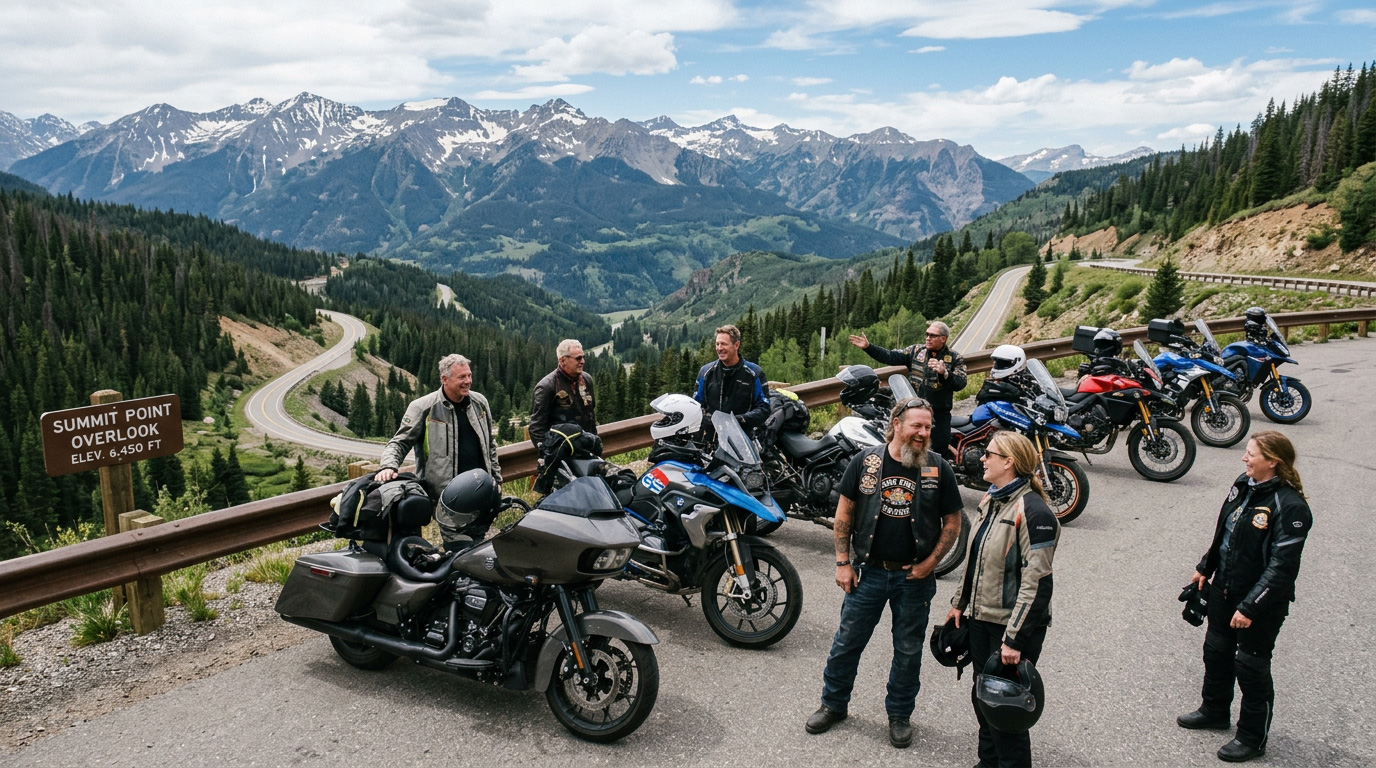 Motorcycle group stopped at a scenic overlook during a ride