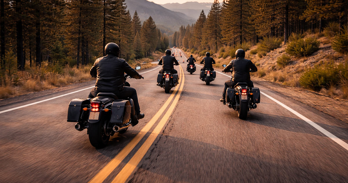 Motorcycles riding in staggered formation during a group ride