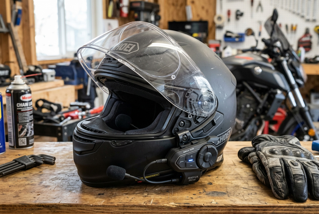 Motorcycle helmet with Bluetooth communication system mounted on side