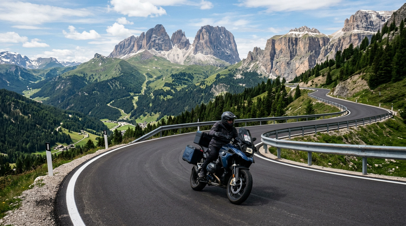 Motorcycle navigating scenic mountain road with sweeping curves