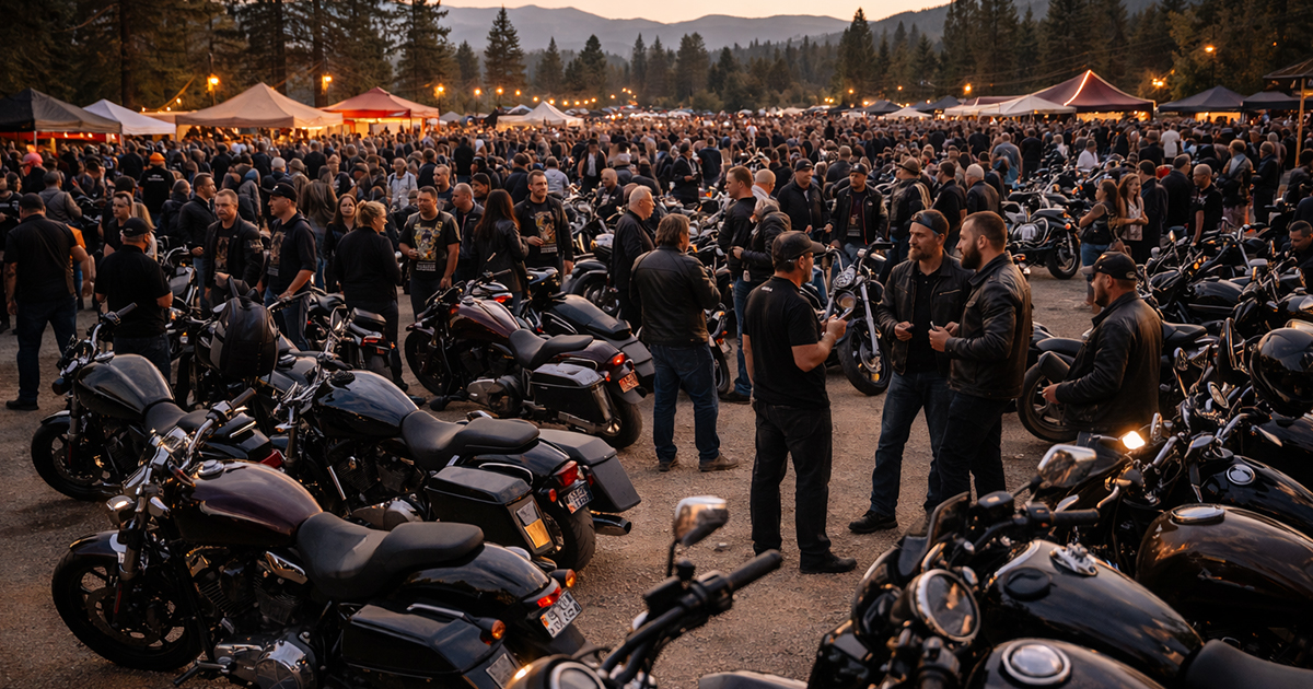 Motorcycles and riders gathered at a local bike night event