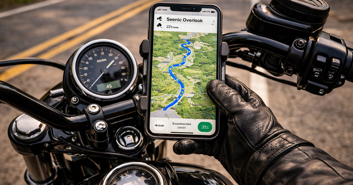 Motorcycle rider using a ride app on a phone mounted to handlebars