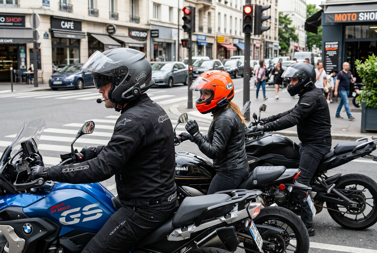 Motorcycle riders at a stop with helmet communication systems visible