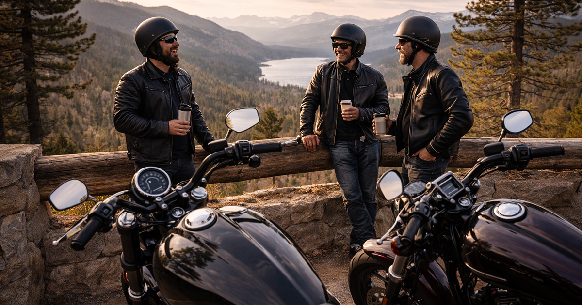 Motorcycle riders taking a break at a scenic overlook during a group ride