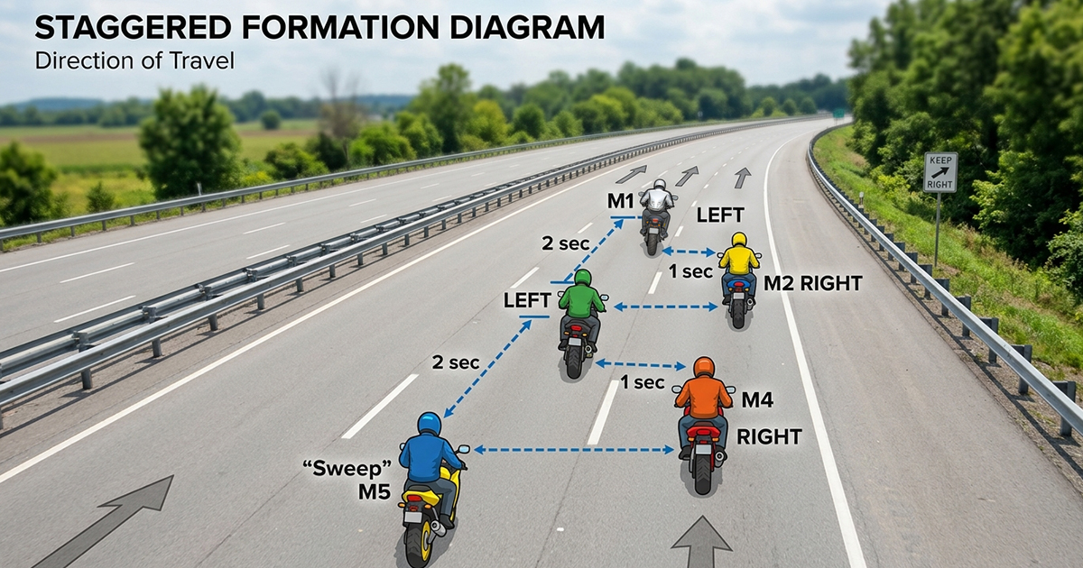 Diagram showing motorcycle staggered formation riding positions