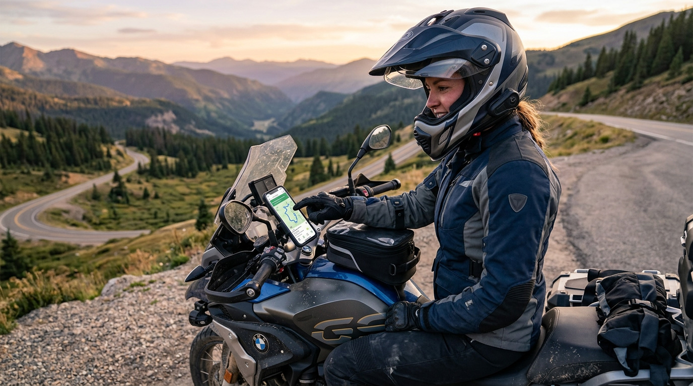 Motorcycle rider discovering scenic routes on a ride app