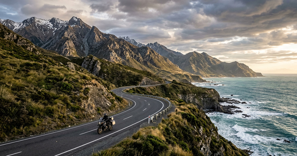 Motorcycle rider on a scenic coastal highway road