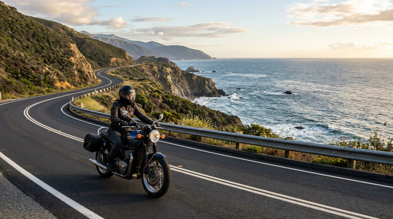 Motorcycle rider on a scenic coastal highway with ocean views