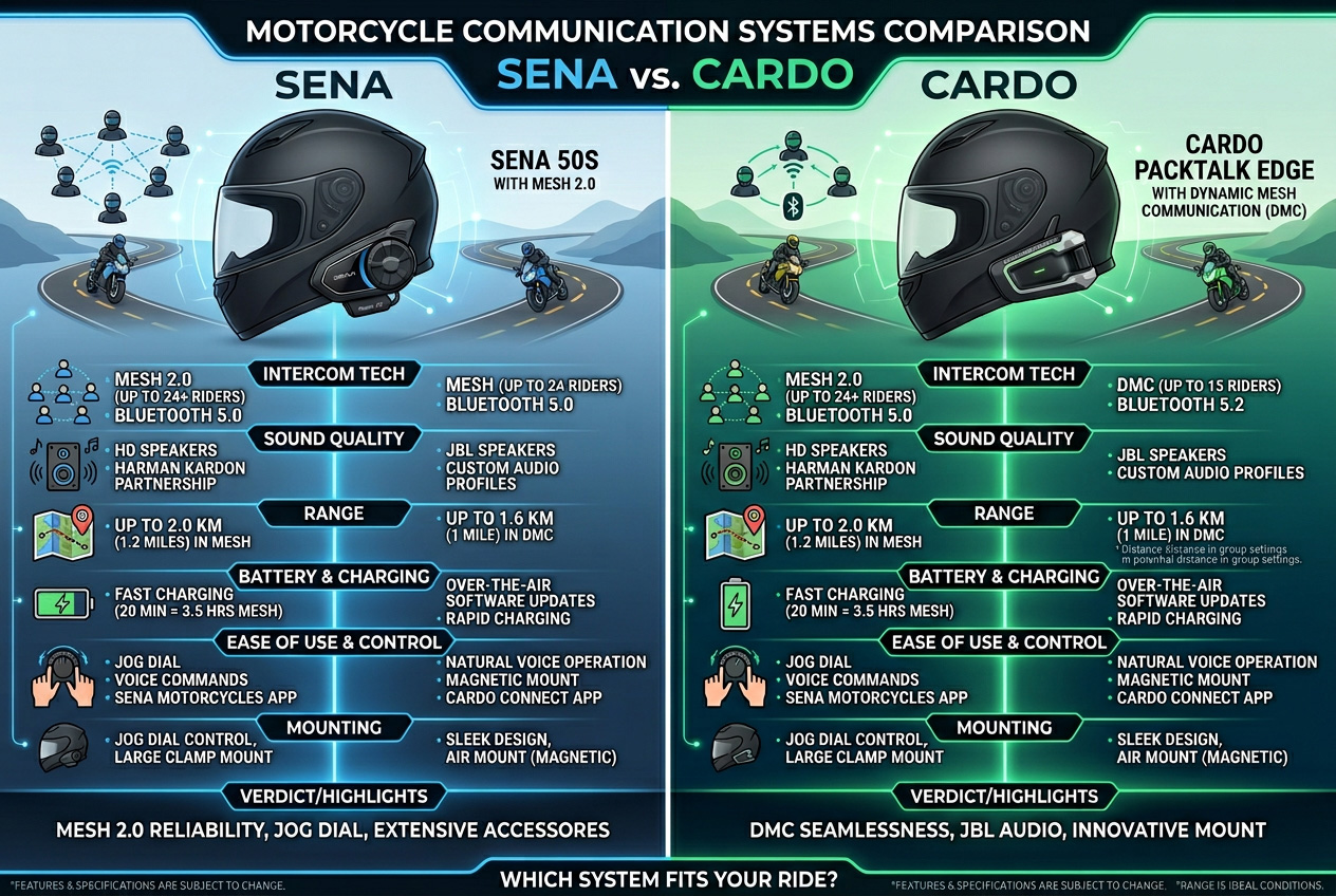 Motorcycle communication systems Sena and Cardo comparison