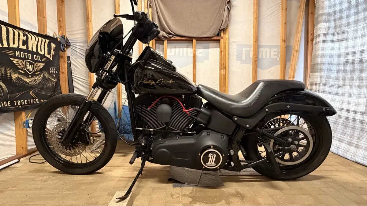 Black Harley-Davidson Night Train, a mid-weight cruiser, parked in a home garage