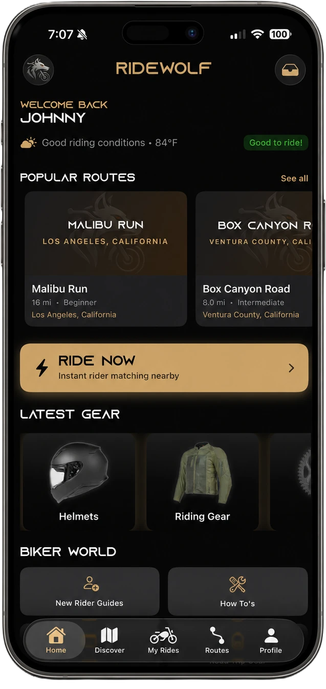 RideWolf motorcycle app home screen on iPhone showing popular routes, Ride Now instant rider matching, and gear