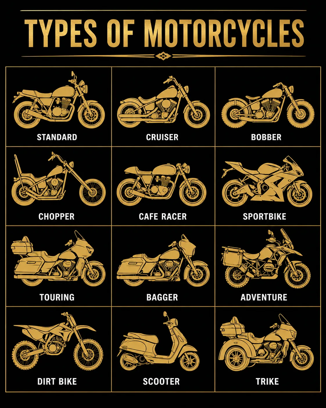 Infographic chart of 12 motorcycle types from standard and cruiser to dirt bike, scooter, and trike