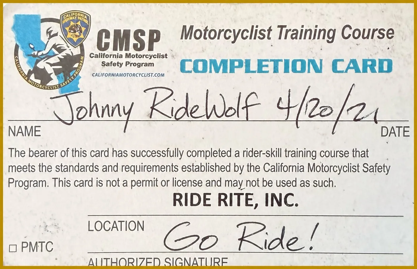 California Motorcyclist Safety Program completion card from Ride Rite, dated April 2021